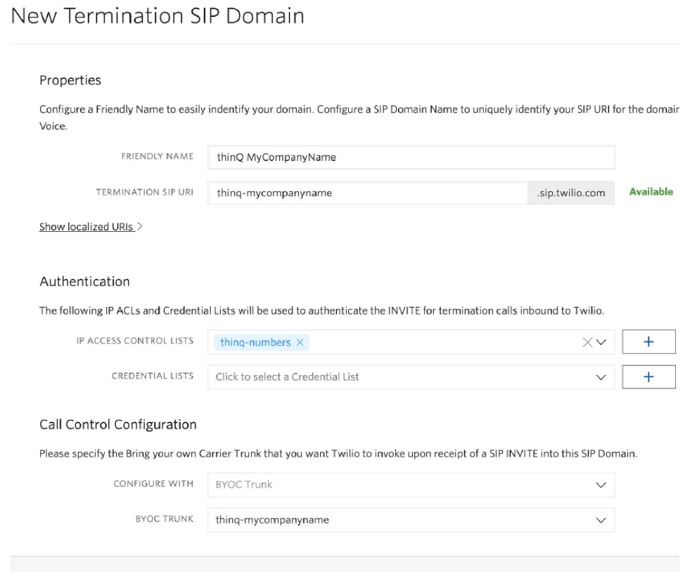 New Termination SIP Domain Twilio