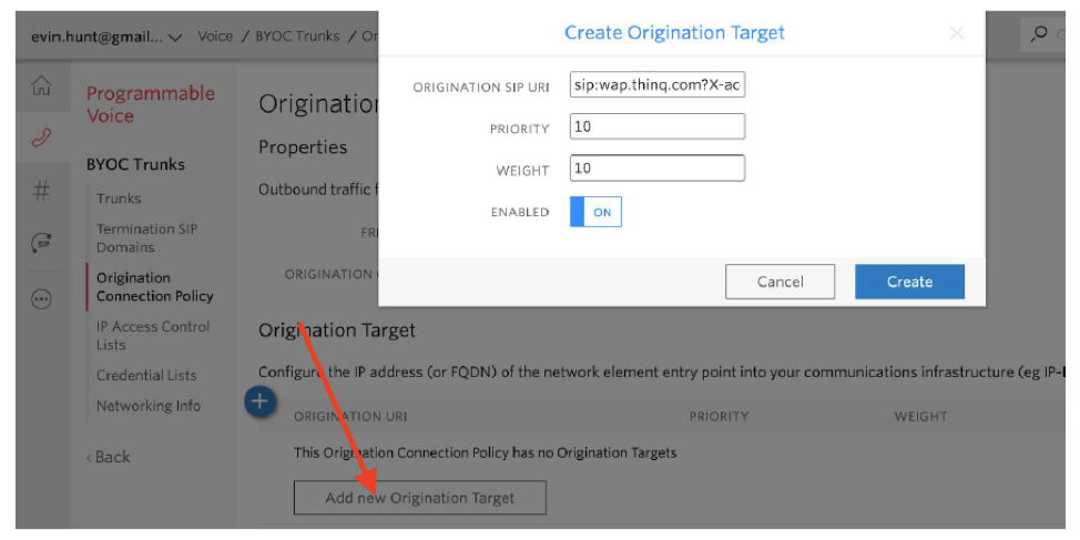 Origination Target Twilio thinQ