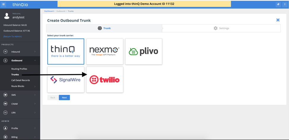 thinQ Create Outbound Trunk Twilio