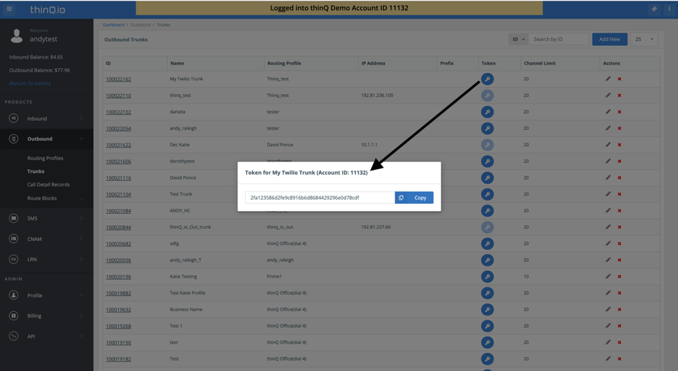 thinQ Trunk Token Account ID Twilio