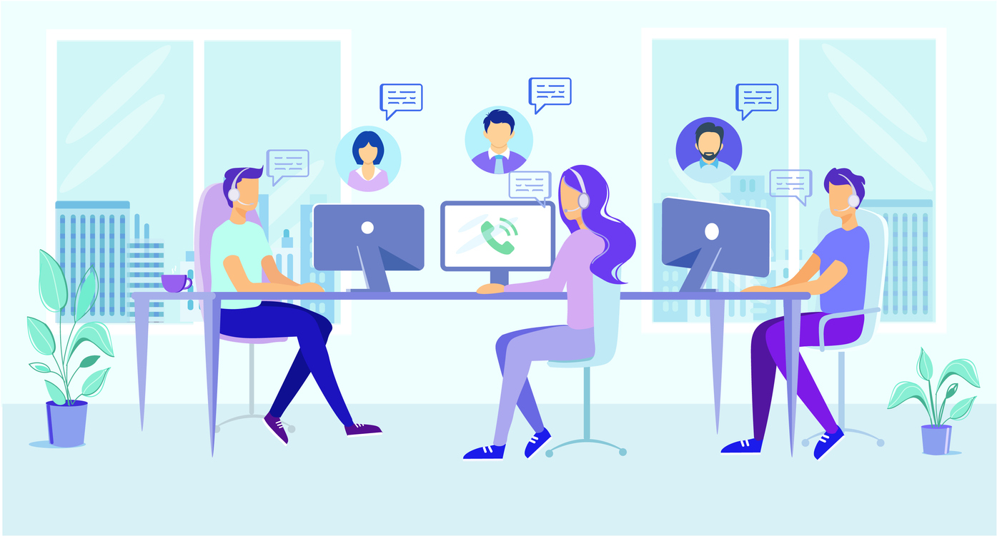 Cartoon Man Woman in Headphone Answer Client Call Contact Center Server