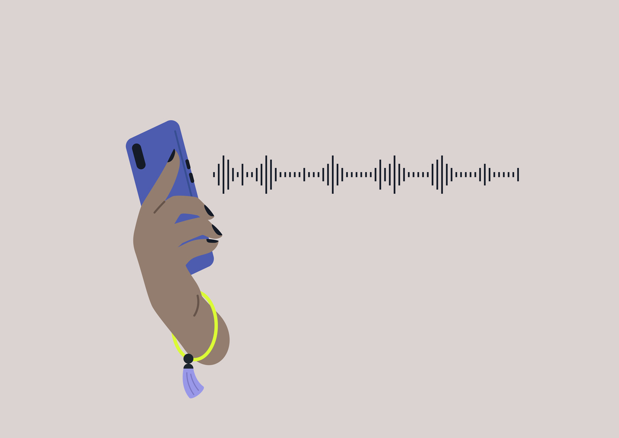 A voice message concept, a sound wave, listening to music, a hand holding a smartphone Call Detail Record
