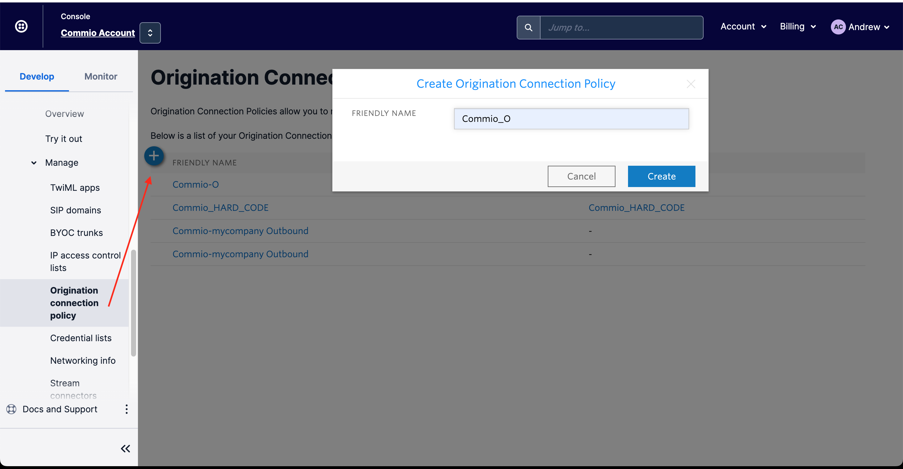 Origination Connection Policy on Twilio BYOC to Enable Commio