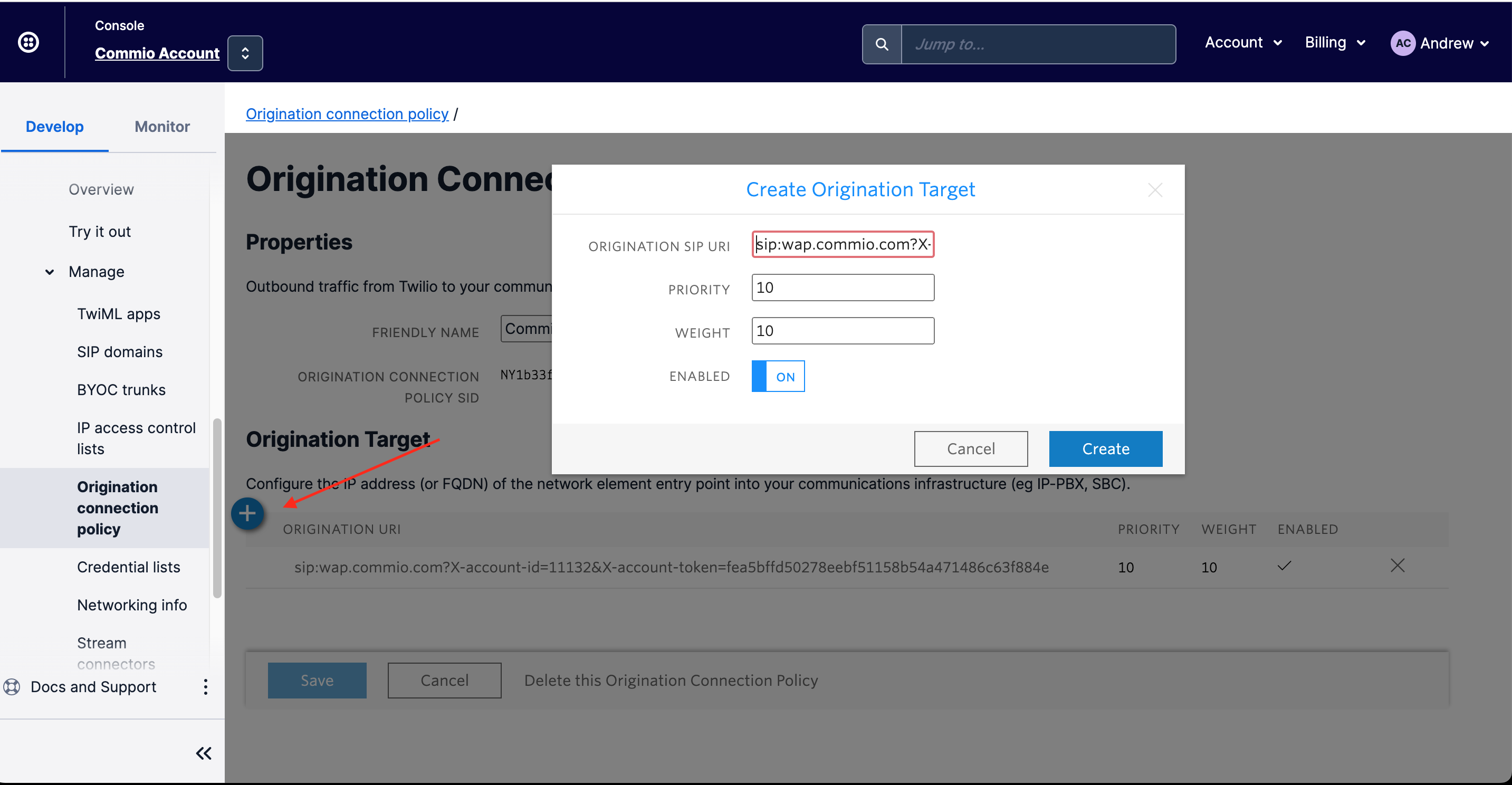 Set Up Origination Target for Twilio Commio