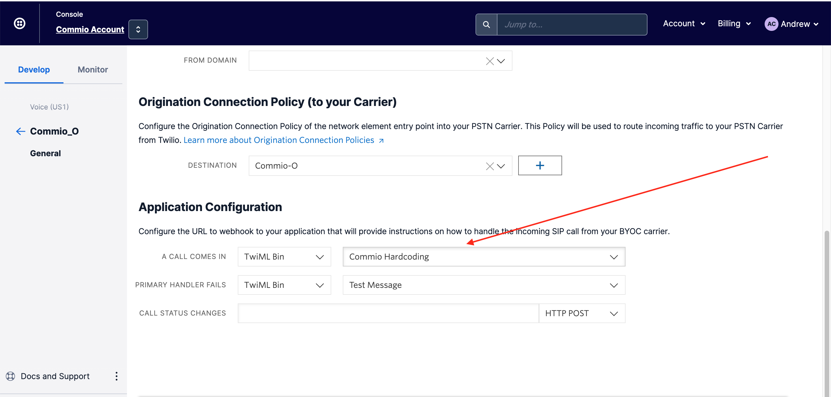 Twilio Application Webhook for Commio