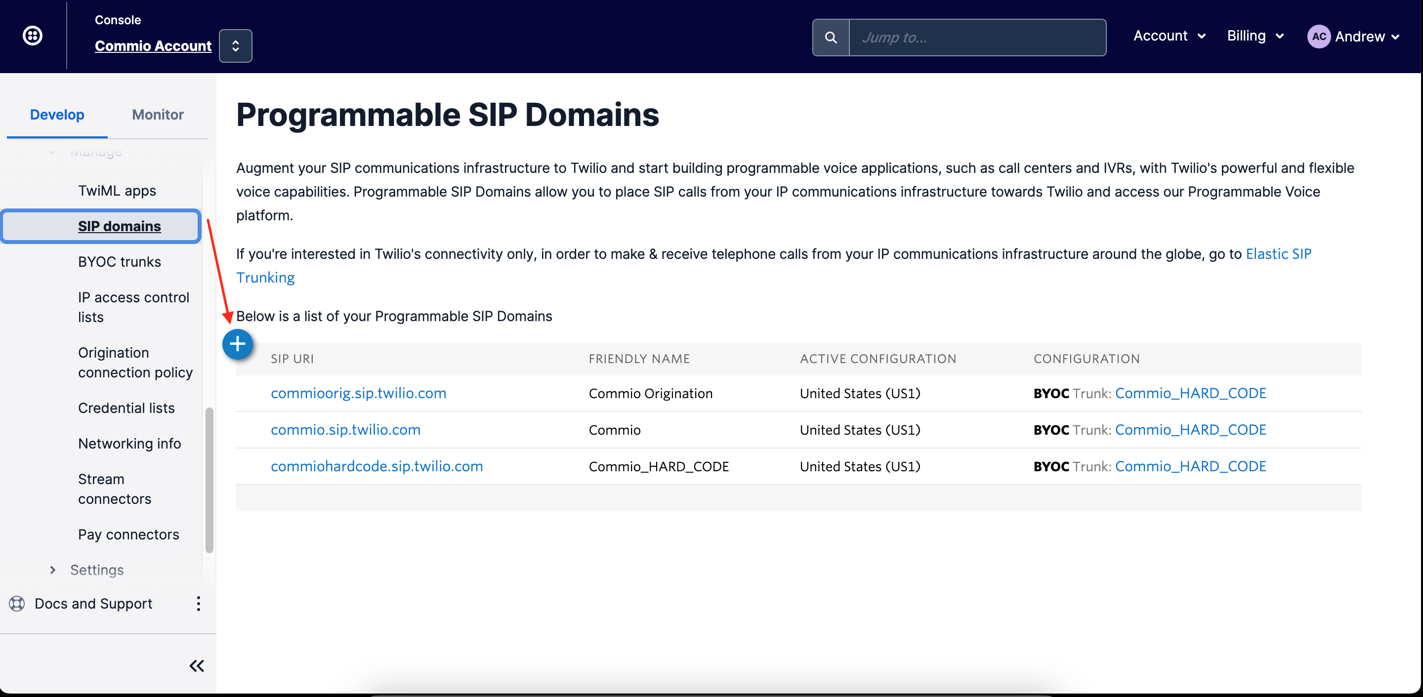 Twilio Termination SIP Domains Commio