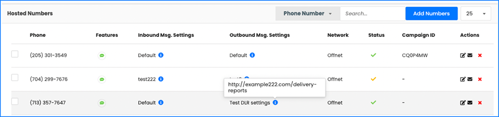 SMS settings on hosted numbers page in commio.io
