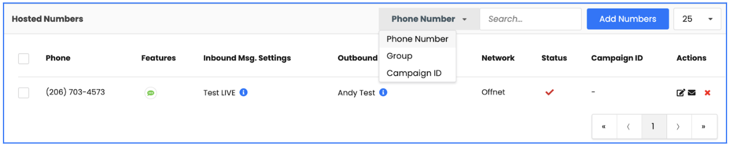 Search Options Hosted Numbers