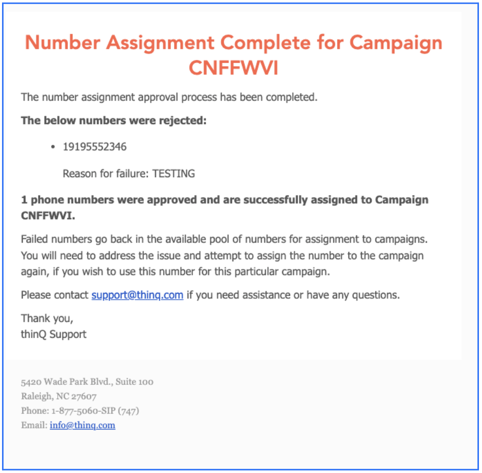 Notification on Number Assignment
