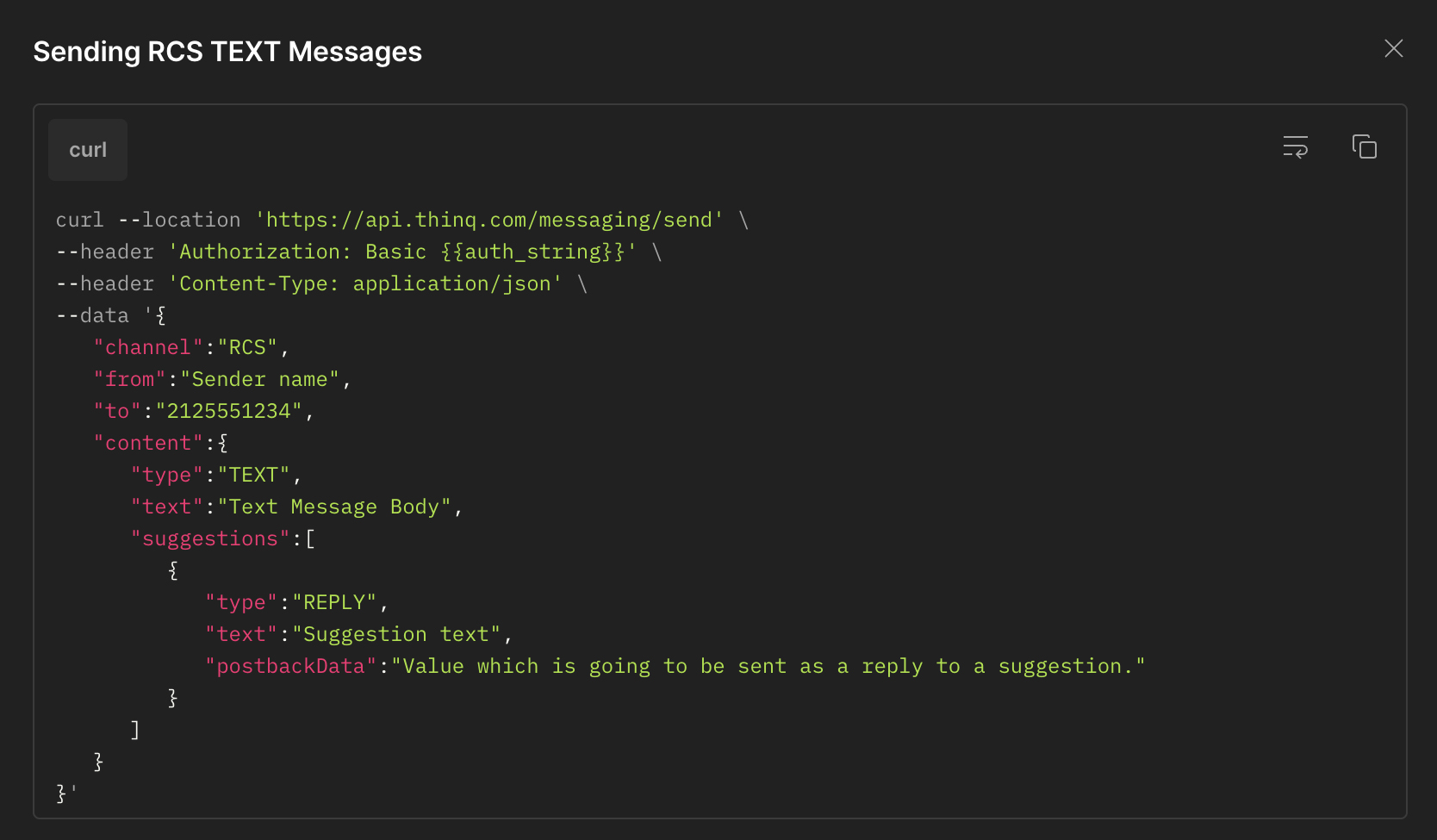 Commio RCS API curl example showing POST to api.thinq.com/messaging/send with JSON payload