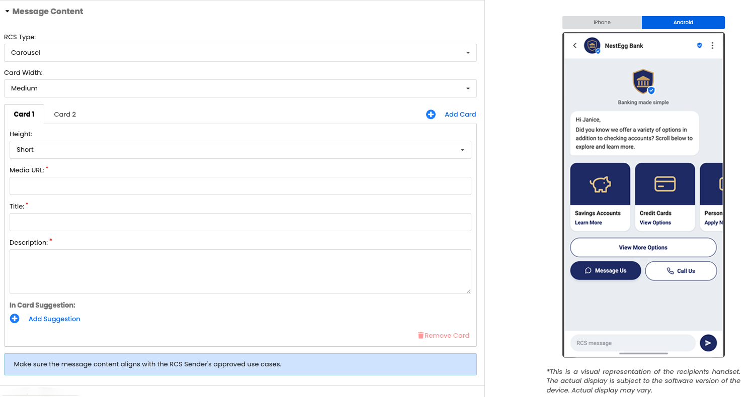Commio Canvas message content editor showing a carousel RCS builder alongside a live Android handset preview of a NestEgg Bank message