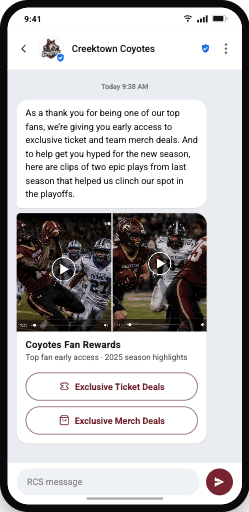 Creektown Coyotes RCS message with team logo, verified sender badge, swipeable video highlights, a rewards card, and reply buttons