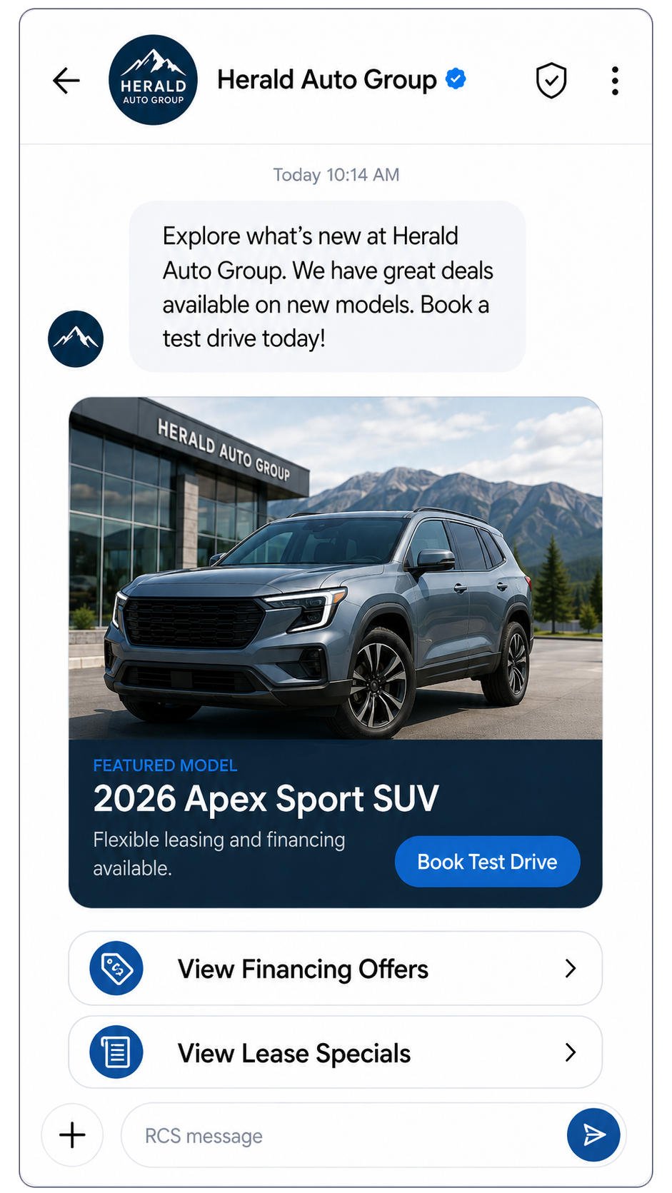 Herald Auto Group RCS message showing a featured 2026 Apex Sport SUV with dealership photo, leasing and financing note, a Book Test Drive action, plus View Financing Offers and View Lease Specials quick replies