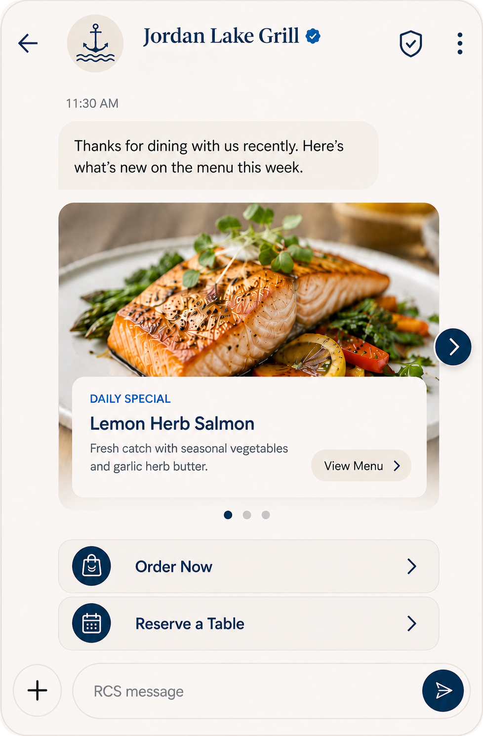 Jordan Lake Grill RCS message showing a menu update with a Daily Special carousel — Lemon Herb Salmon with photo and View Menu action — plus Order Now and Reserve a Table quick replies
