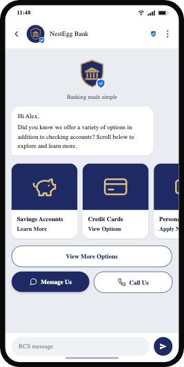 NestEgg Bank RCS message with verified sender profile, bank logo, brand colors, a welcome message, and a swipeable carousel of account options