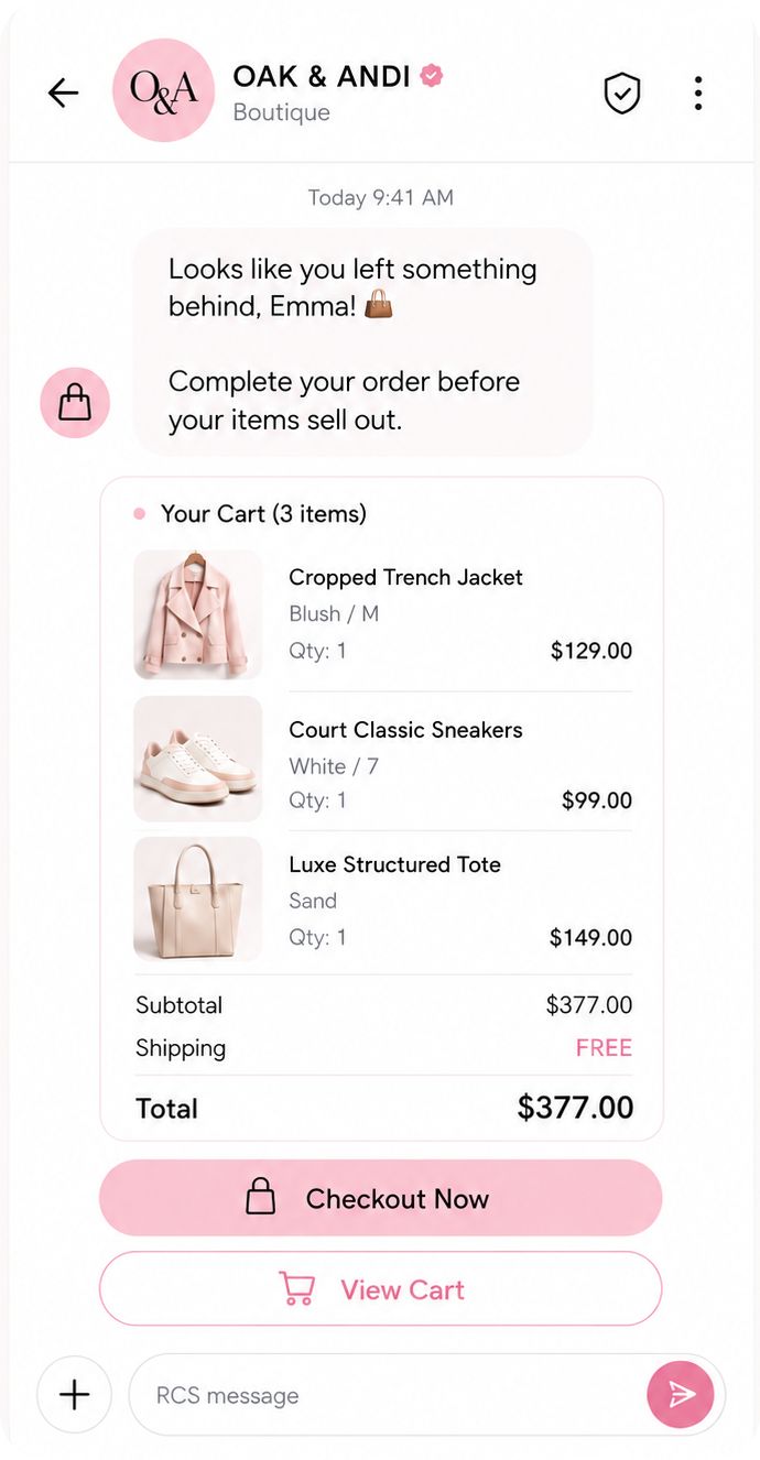 Oak & Andi Boutique RCS message showing an abandoned-cart reminder with a 3-item cart, product images, prices, a free-shipping total, and Checkout Now and View Cart actions
