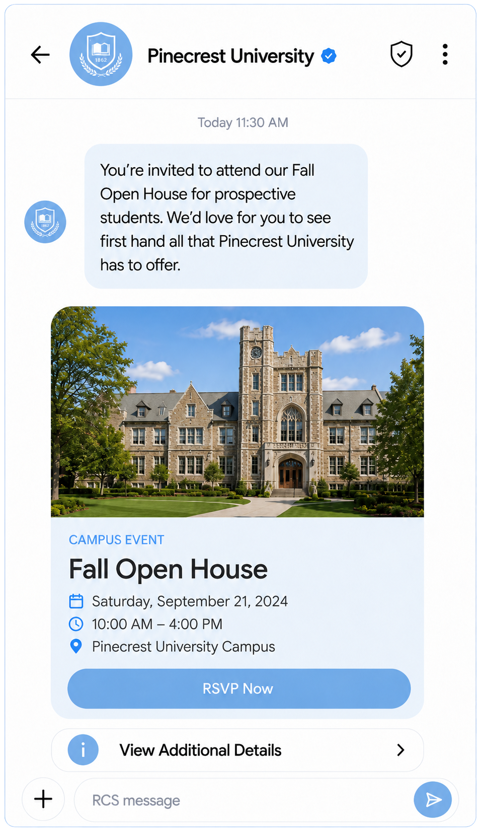 Pinecrest University RCS message inviting a prospective student to the Fall Open House, with a verified sender badge, a campus photo, event details for Saturday September 21 2024 from 10 AM to 4 PM, an RSVP Now button, and a View Additional Details quick reply