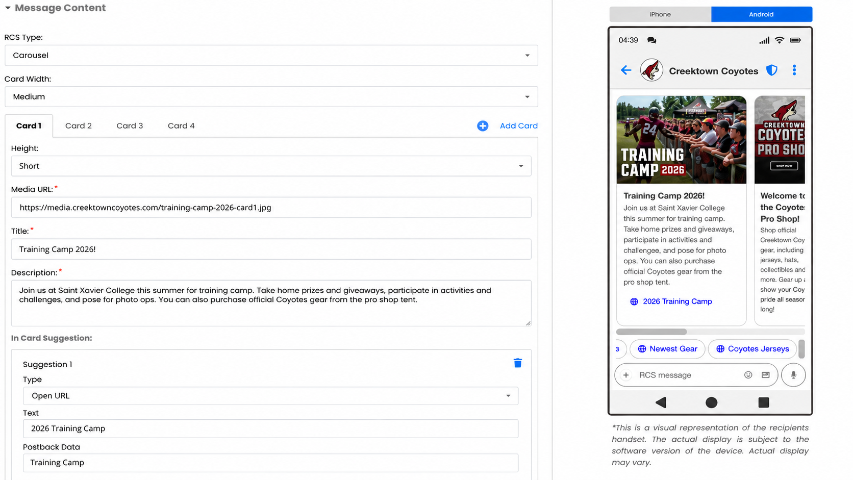 Designing an RCS carousel message in Commio Canvas