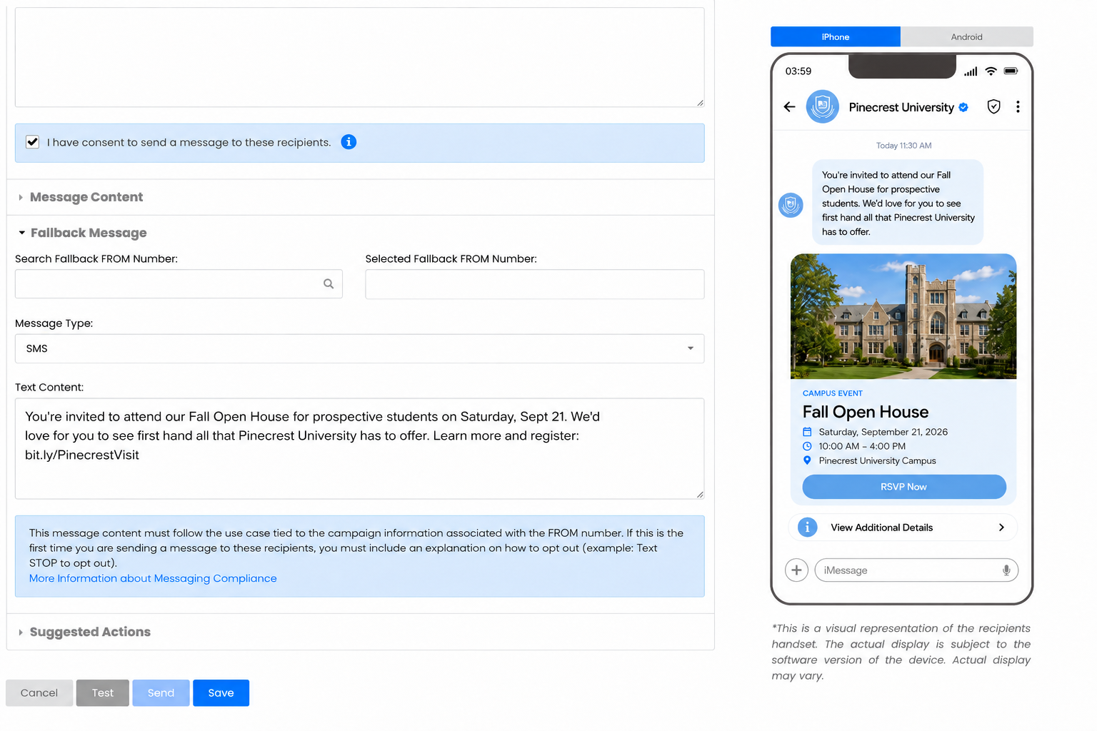 Assigning an SMS fallback message in Commio Canvas