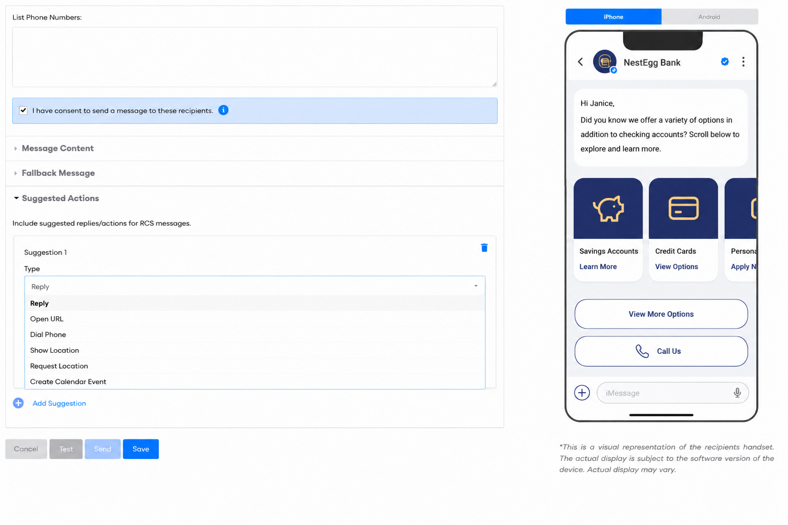 Adding suggested actions to an RCS message in Commio Canvas