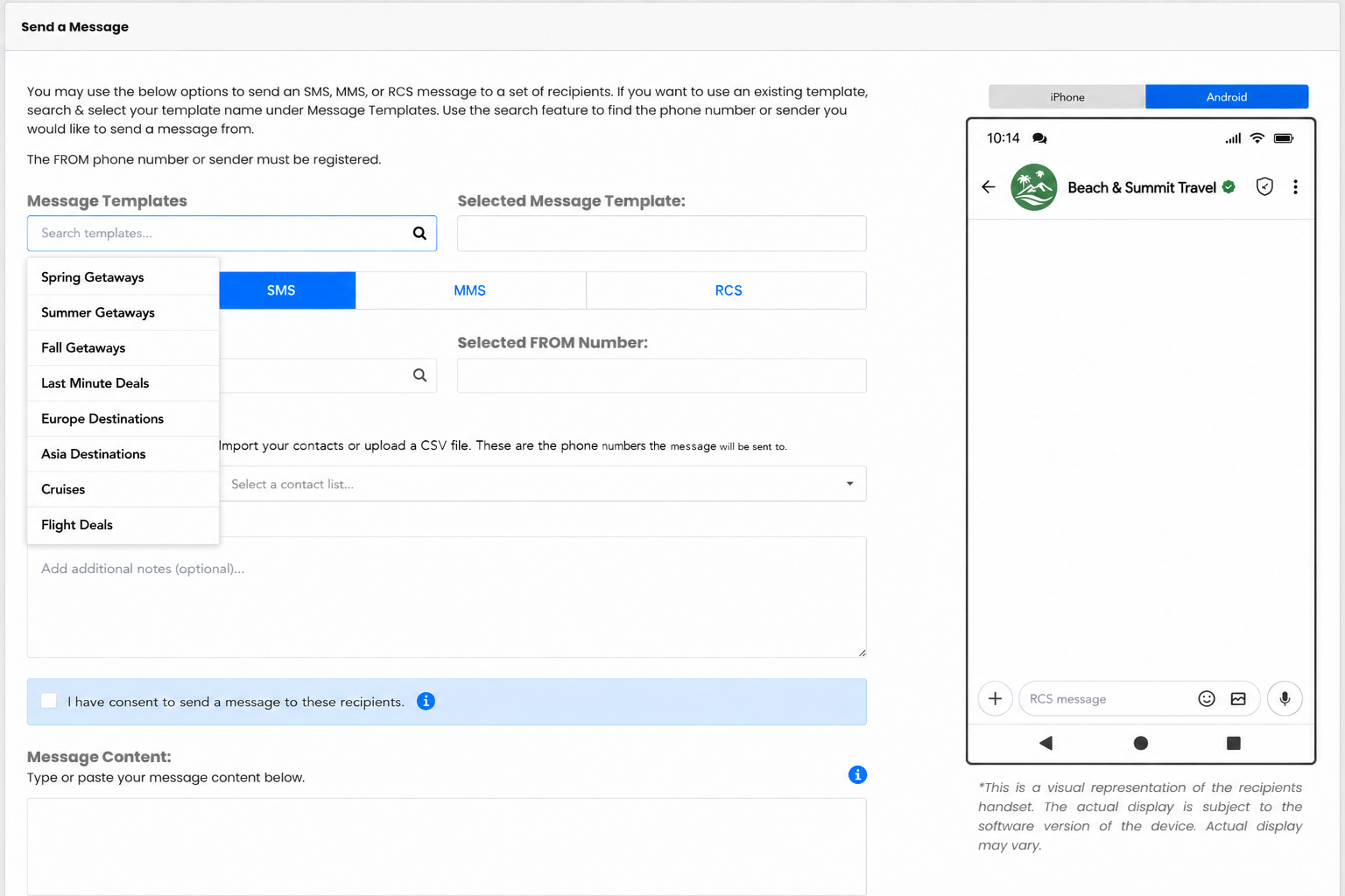 Selecting a saved message template in Commio Canvas