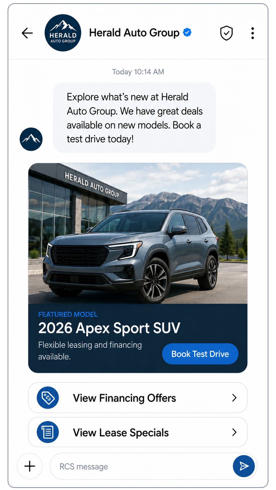 A Herald Auto Group featured-model RCS message on a phone