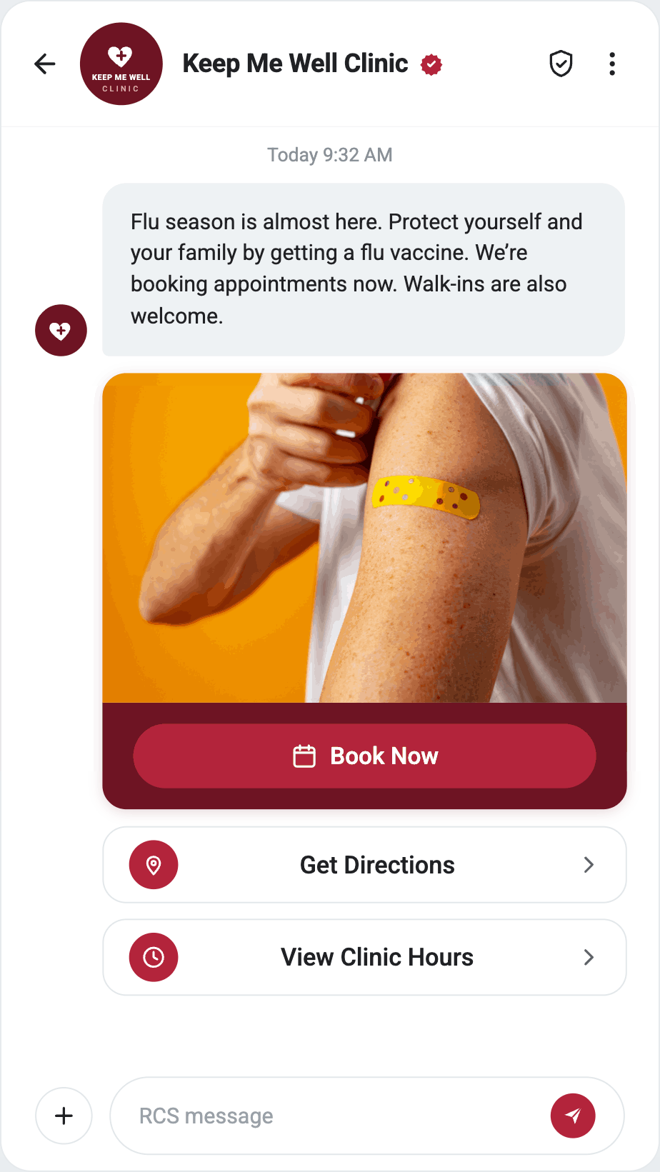 A Keep Me Well Clinic flu-vaccine RCS message on a phone