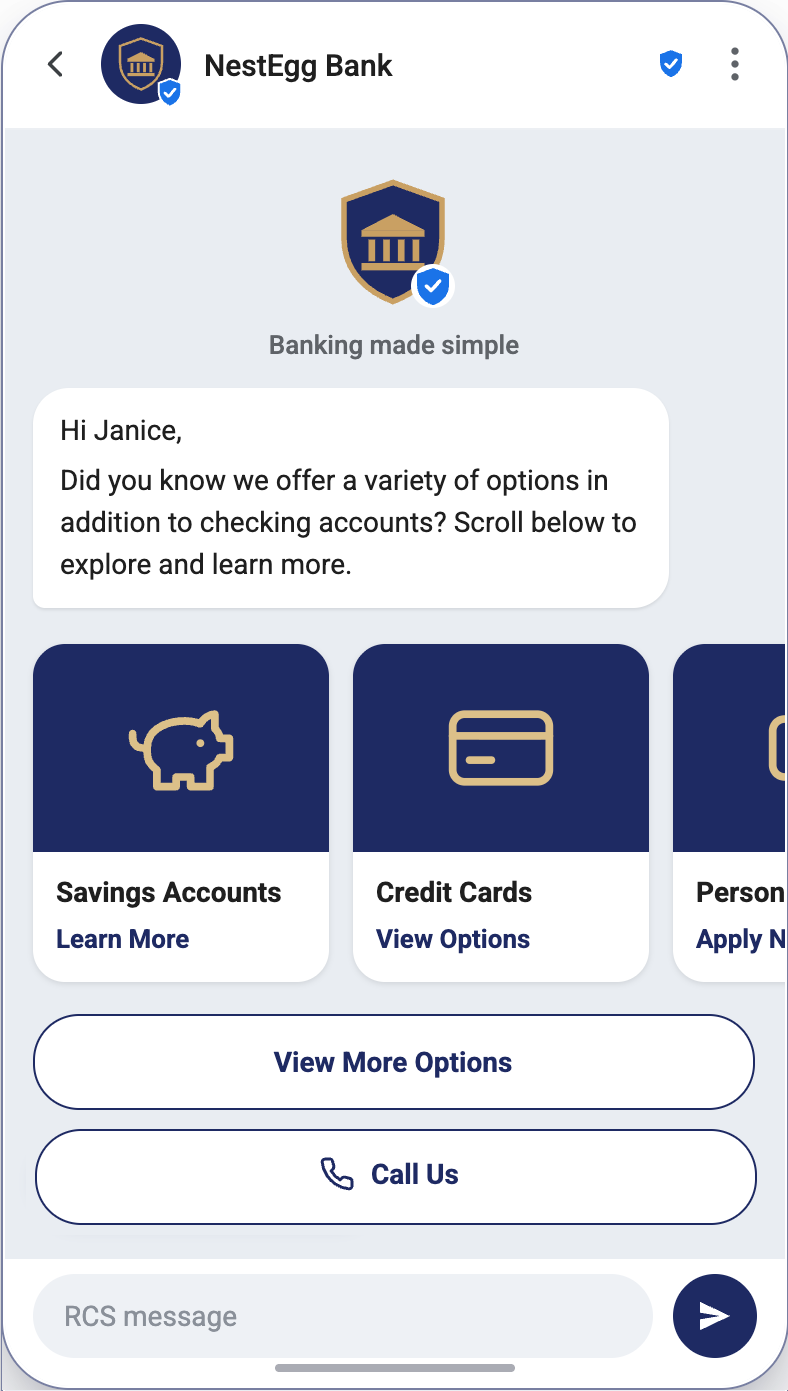 A NestEgg Bank product-options RCS message on a phone