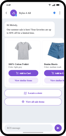 A Styles 4 All summer sale RCS message with a product carousel on a phone