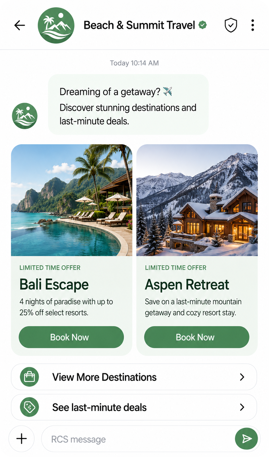 A Beach & Summit Travel getaway-deals RCS message on a phone